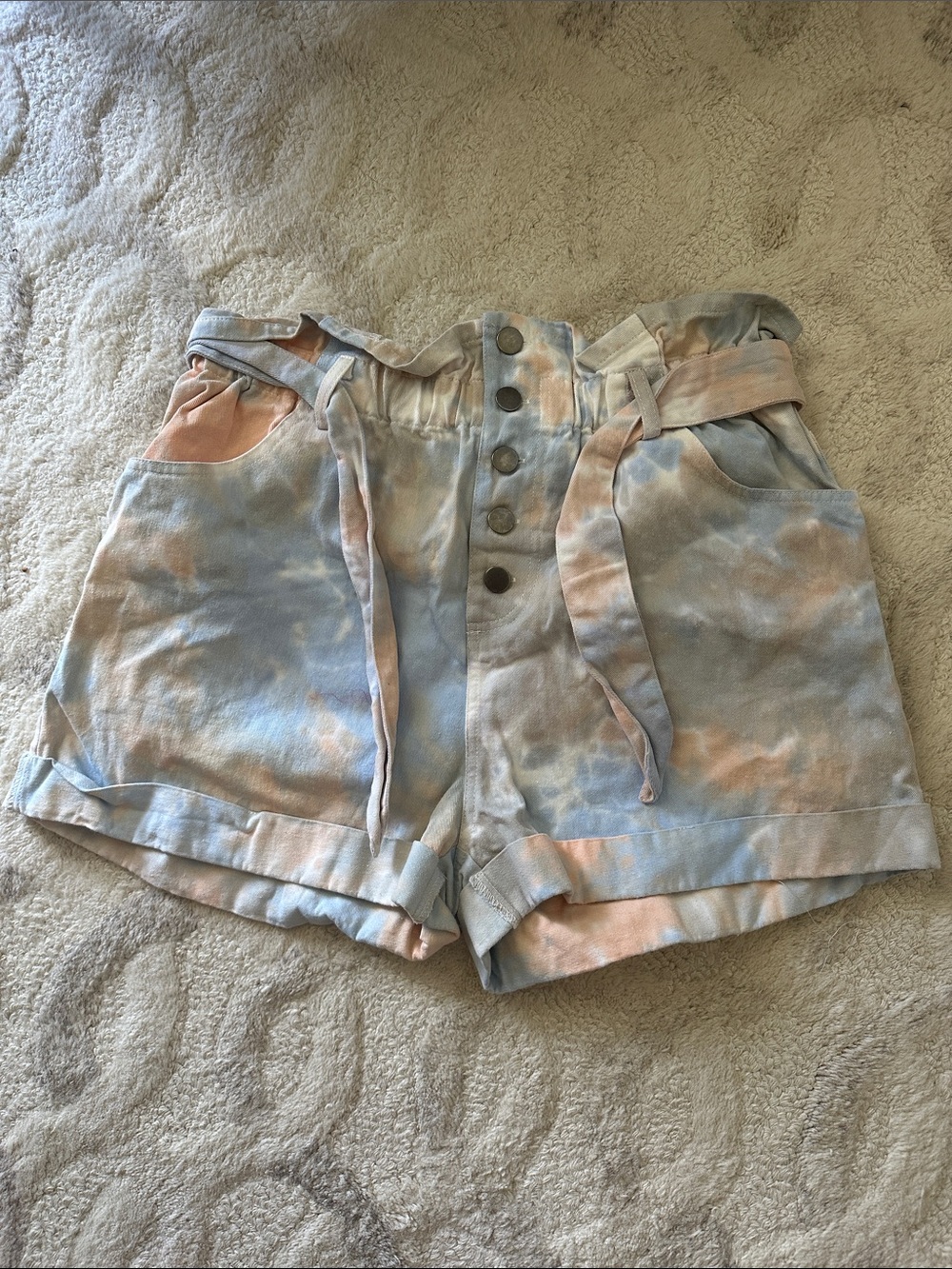 entro Tie-Dye Paperbag High-Waist Shorts - Blue & Peach L